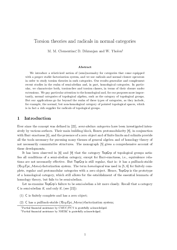 First page of “Torsion theories and radicals in normal categories”