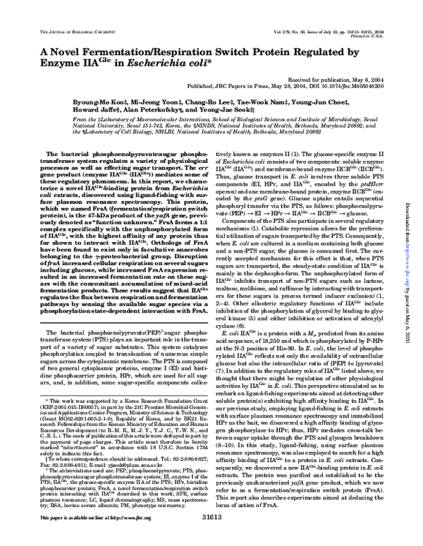 First page of “A Novel Fermentation/Respiration Switch Protein Regulated by Enzyme IIAGlc in Escherichia coli”