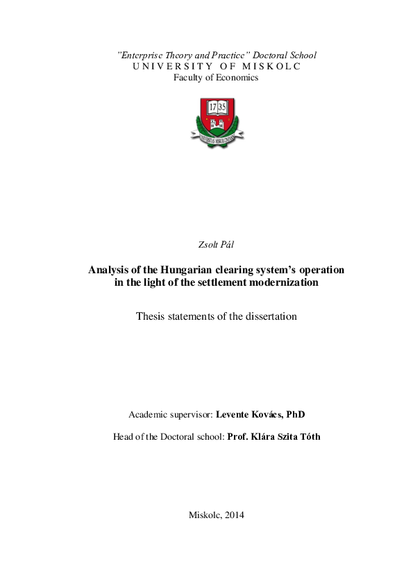 First page of “Analysis of the Hungarian clearing system ’ s operation in the light of the settlement modernization Thesis statements of the dissertation”