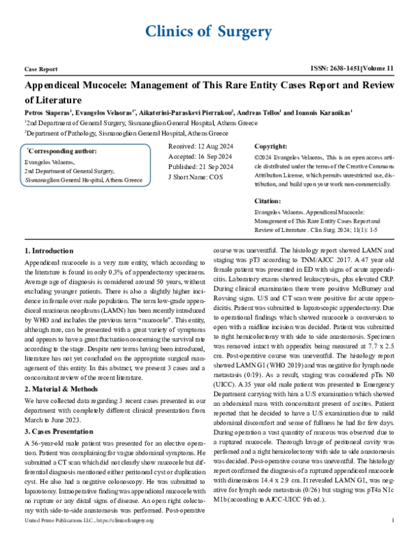 First page of “Appendiceal Mucocele: Management of This Rare Entity Cases Report and Review of Literature”