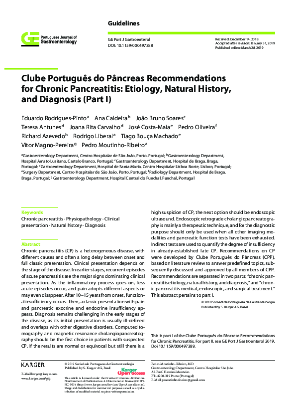 First page of “Clube Português do Pâncreas Recommendations for Chronic Pancreatitis: Etiology, Natural History, and Diagnosis (Part I)”