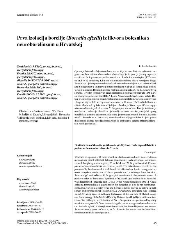 First page of “Prva izolacija borelije (Borrelia afzelii) iz likvora bolesnika s neuroboreliozom u Hrvatskoj”