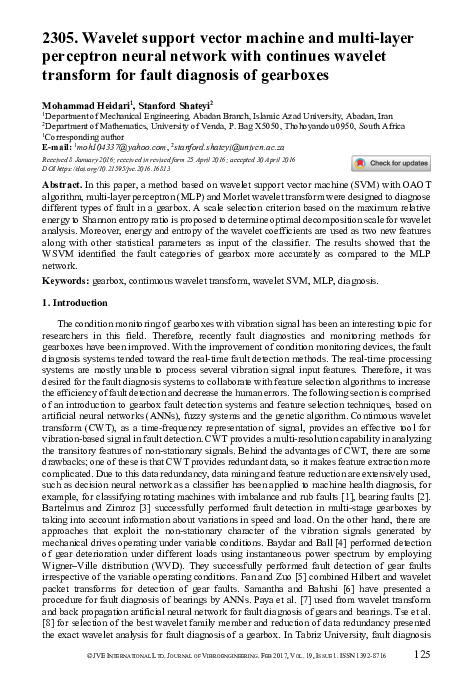 First page of “Wavelet support vector machine and multi-layer perceptron neural network with continues wavelet transform for fault diagnosis of gearboxes”