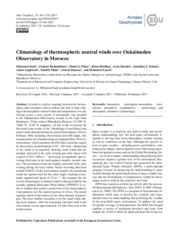 First page of “Climatology of thermospheric neutral winds over Oukaïmeden Observatory in Morocco”