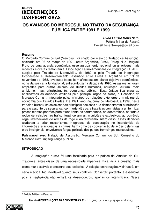 First page of “OS AVANÇOS DO MERCOSUL NO TRATO DA SEGURANÇA PÚBLICA ENTRE 1991 E 1999”