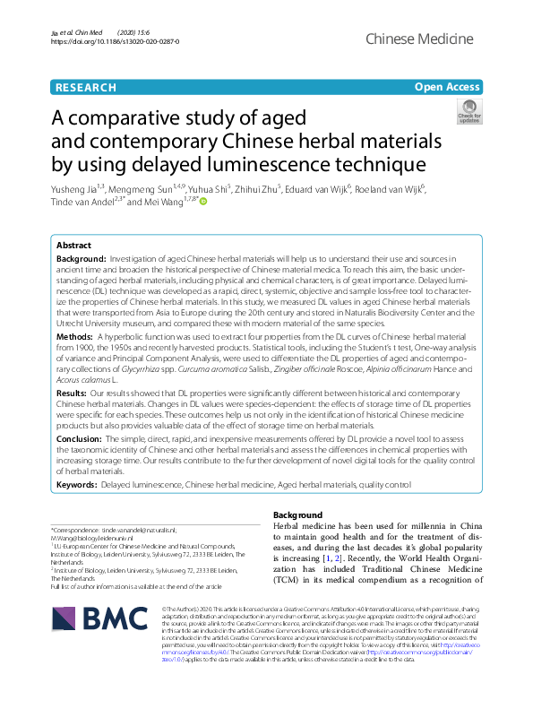 First page of “A comparative study of aged and contemporary Chinese herbal materials by using delayed luminescence technique”