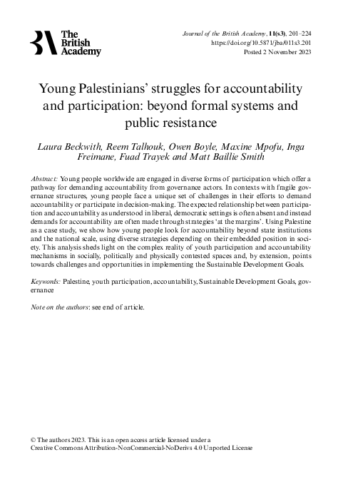 First page of “Young Palestinians' struggles for accountability and participation: beyond formal systems and public resistance”