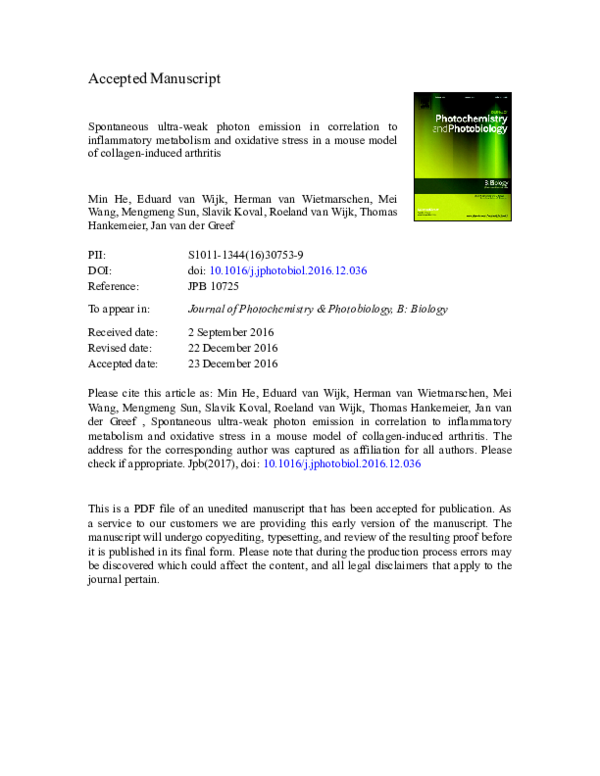 First page of “Spontaneous ultra-weak photon emission in correlation to inflammatory metabolism and oxidative stress in a mouse model of collagen-induced arthritis”