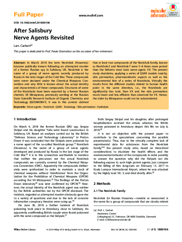 First page of “After Salisbury Nerve Agents Revisited”