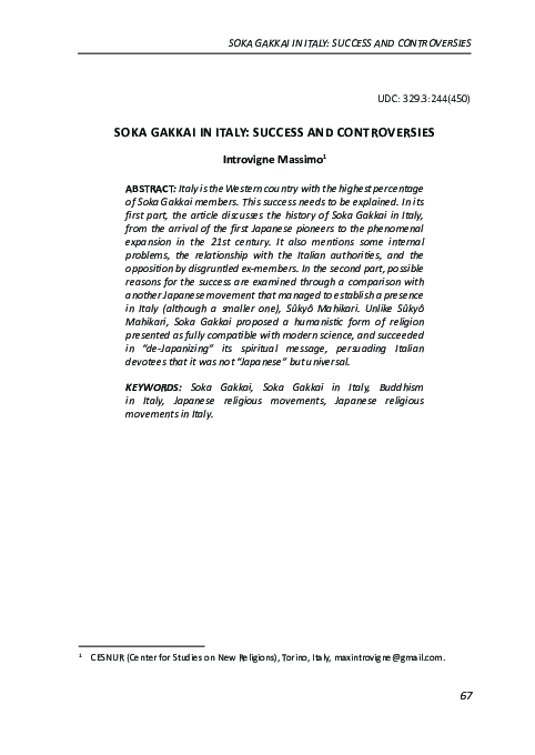 First page of “Soka Gakkai in Italy : Success and Controversies”