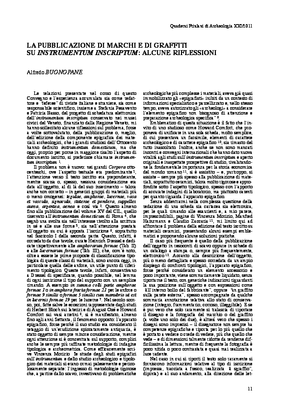 First page of “La pubblicazione di marchi e graffiti su instrumentum inscriptum: alcune riflessioni, in Ceramica a vernice nera e terra sigillata italica da Aquileia. Recenti indagini e confronti regionali, Atti del Convegno, Quaderni Friulani di Archeologia,  XXI, 2011, pp. 11-16.”