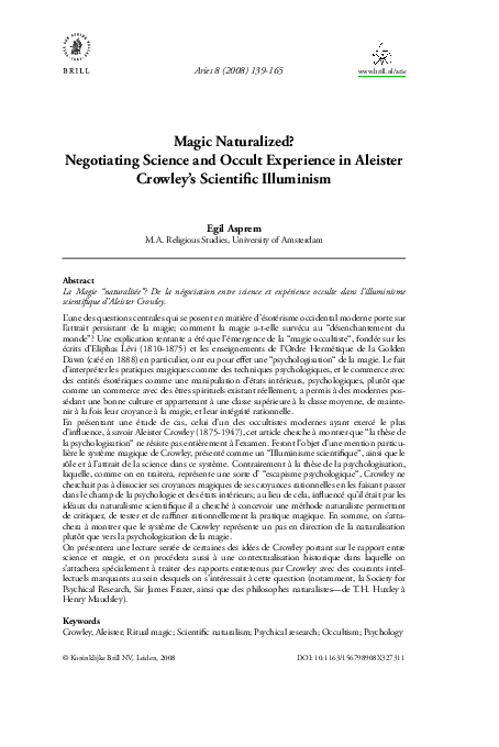 First page of “Magic Naturalized? Negotiating Science and Occult Experience in Aleister Crowley's Scientific Illuminism / La Magie “naturalisée”? De la négociation entre science et expérience occulte dans l'illuminisme scientifique d'Aleister Crowley”