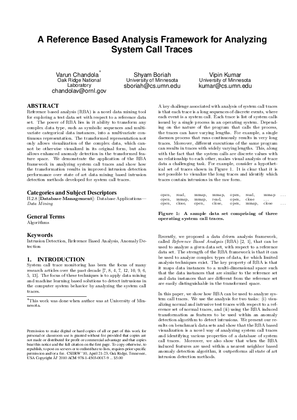 First page of “A reference based analysis framework for analyzing system call traces”