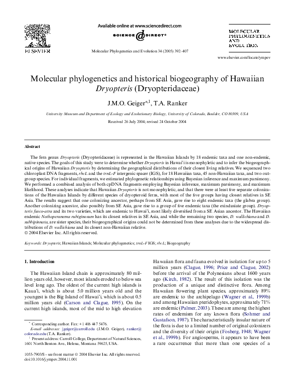 First page of “Molecular phylogenetics and historical biogeography of Hawaiian Dryopteris (Dryopteridaceae)”