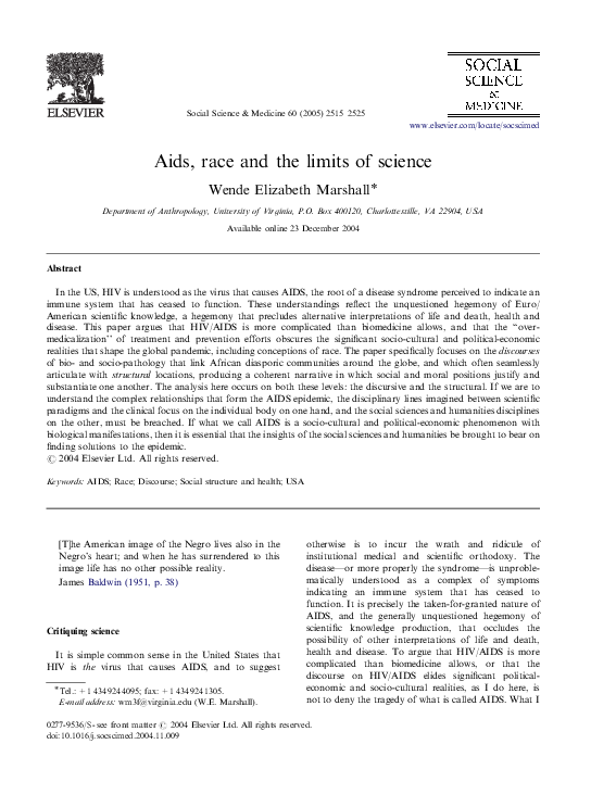 First page of “Aids, race and the limits of science”