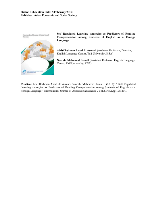 First page of “Self Regulated Learning strategies as Predictors of Reading Comprehension among Students of English as a Foreign Language”