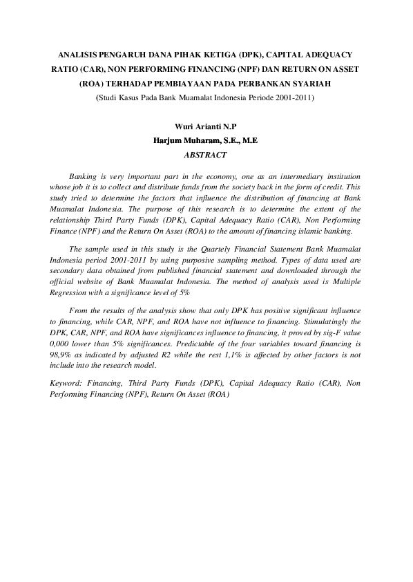 First page of “ANALISIS PENGARUH DANA PIHAK KETIGA (DPK), CAPITAL ADEQUACY RATIO (CAR), NON PERFORMING FINANCING (NPF) DAN RETURN ON ASSET (ROA) TERHADAP PEMBIAYAAN PADA PERBANKAN SYARIAH (Studi Kasus Pada Bank Muamalat Indonesia Periode 2001-2011)”