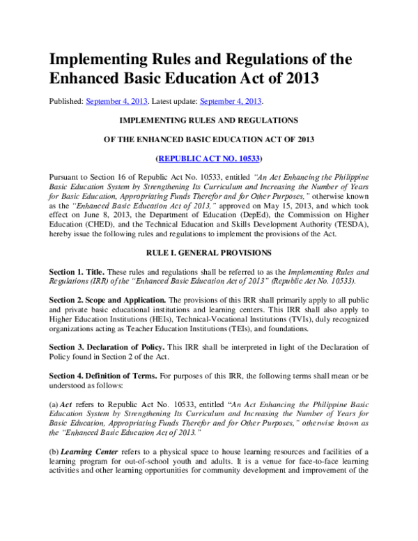 First page of “Implementing Rules and Regulations of the Enhanced Basic Education ActAn Act Enhancing the Philippine Basic Education System by Strengthening Its Curriculum and Increasing the Number of Years for Basic Education, Appropriating Funds Therefor and for Other Purposes”