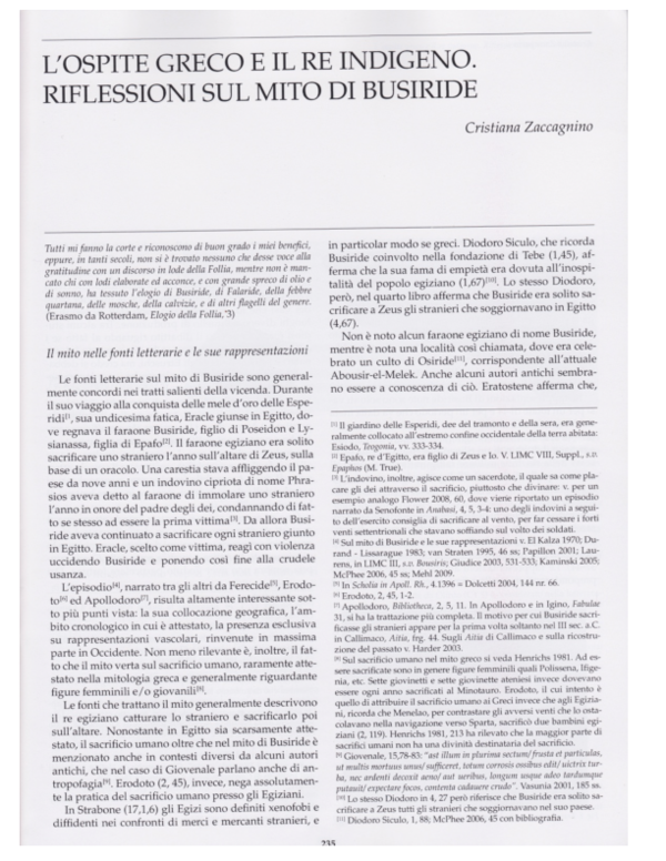 First page of “L'ospite greco e il re indigeno. Riflessioni sul mito di Busiride, in Ostraka XX 1-2, 2011 (2013), pp. 235-251.”