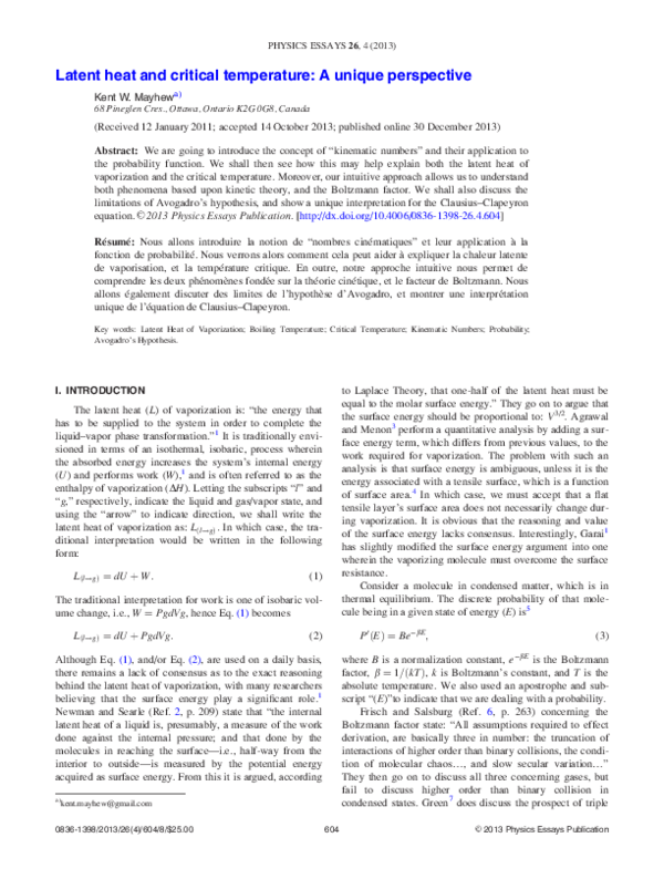 First page of “ Latent Heat and Critical Temperature”