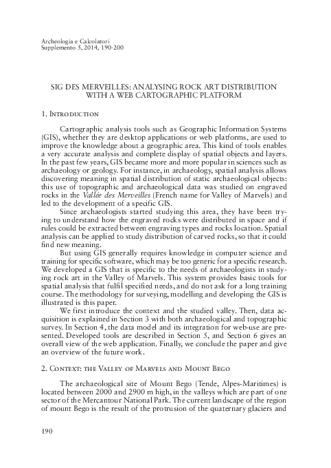 First page of “VATIN G., BIANCHI N., 2014, SIG des Merveilles: Analysing Rock Art Distribution with a Web Cartographic Platform. Archeologia e Calcolatori. CNR - Dipartimento Patrimonio culturale, Istituto di Studi sulle Civiltà Italiche  e del mediterraneo antico.”