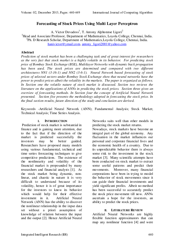 First page of “Forecasting of Stock Prices Using Multi Layer Perceptron”