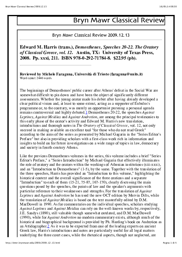 First page of “M. Faraguna, recens. a E.M. Harris, Demosthenes, Speeches 20-22. The Oratory of Classical Greece, vol. 12 (Austin, TX 2008), “Bryn Mawr Classical Review”  2009.12.13”