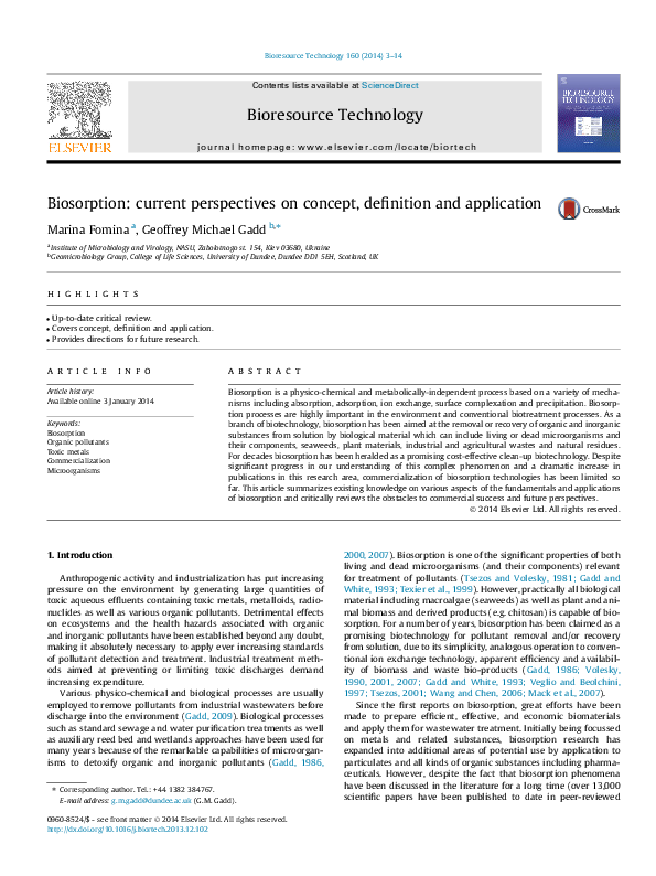 First page of “Biosorption: current perspectives on concept, definition and application”