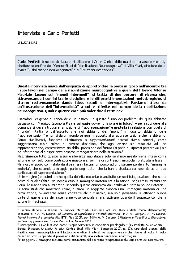 First page of “Intervista a Carlo Perfetti su riabilitazione neurocognitiva e mondi intermedi”