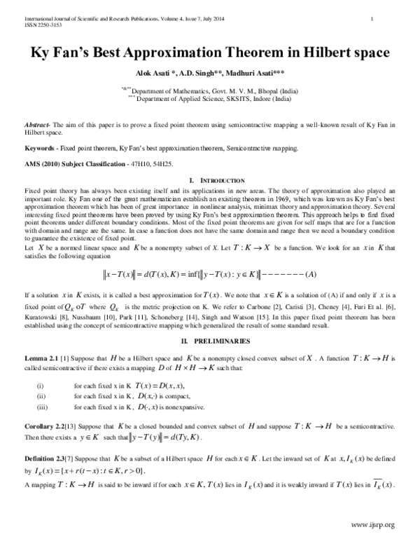 First page of “Ky Fan’s Best Approximation Theorem in Hilbert space”