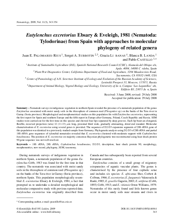 First page of “Eutylenchus excretorius Ebsary & Eveleigh, 1981 (Nematoda: Tylodorinae) from Spain with approaches to molecular phylogeny of related genera”