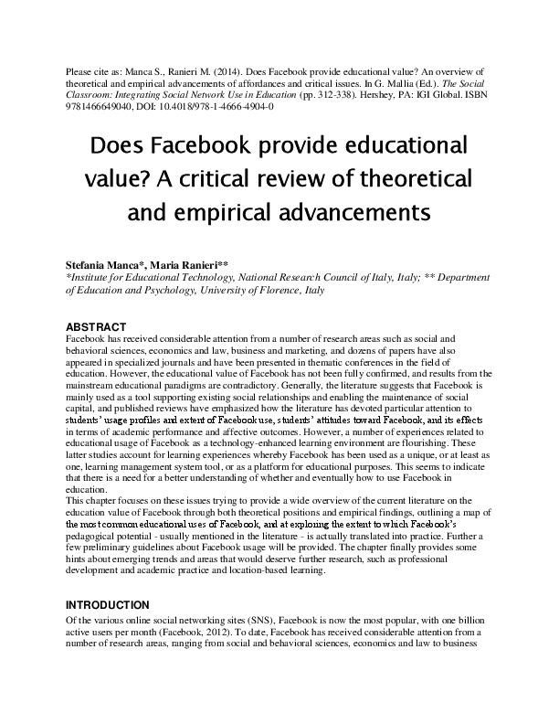First page of “Does Facebook provide educational value? An overview of theoretical and empirical advancements of affordances and critical issues”