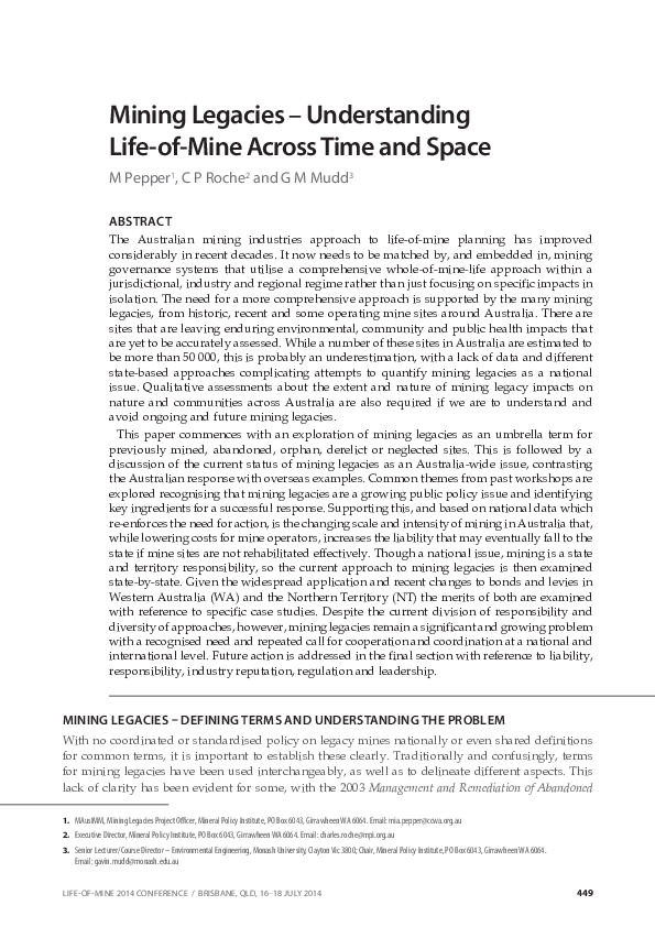 First page of “Mining Legacies – Understanding Life-of-Mine Across Time and Space”