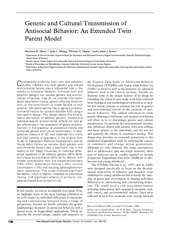 First page of “Genetic and cultural transmission of antisocial behavior: an extended twin parent model”