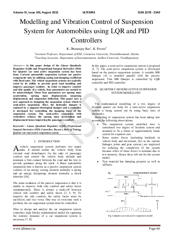 First page of “Modelling and Vibration Control of Suspension System for Automobiles using LQR and PID Controllers”