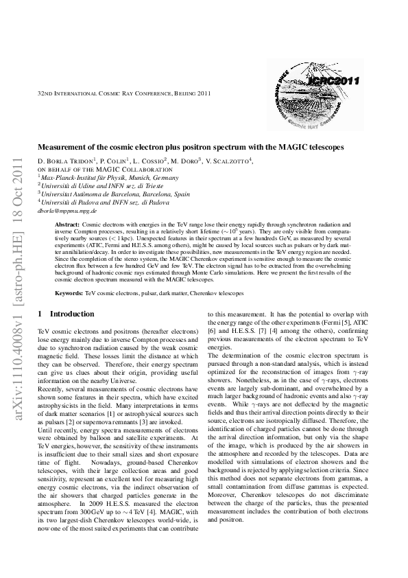 First page of “Measurement of the cosmic electron plus positron spectrum with the MAGIC telescopes”