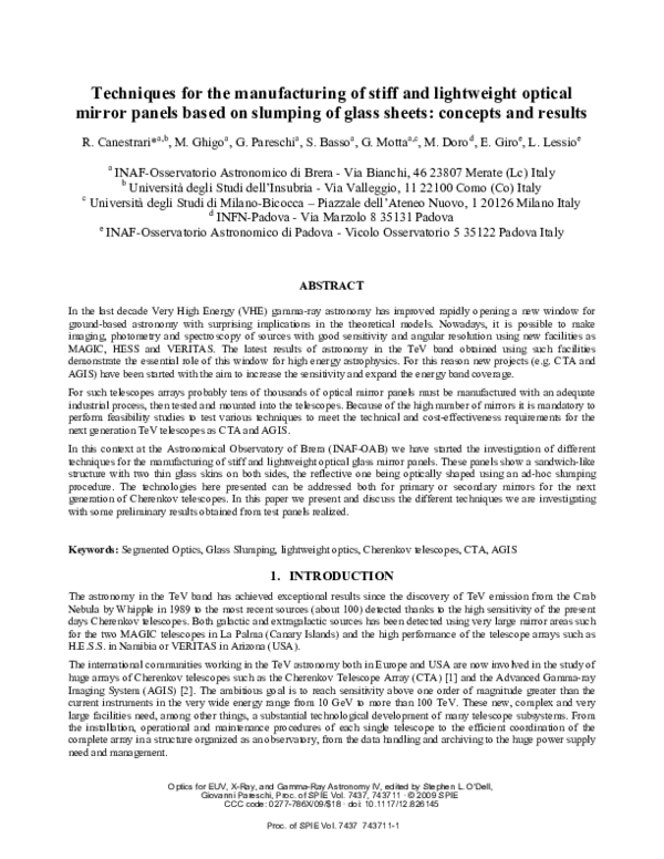 First page of “Techniques for the manufacturing of stiff and lightweight optical mirror panels based on slumping of glass sheets: Concepts and results”