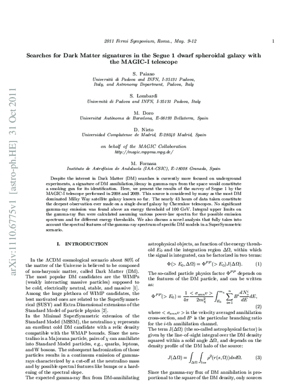 First page of “Searches for Dark Matter signatures in the Segue 1 dwarf spheroidal galaxy with the MAGIC-I telescope”