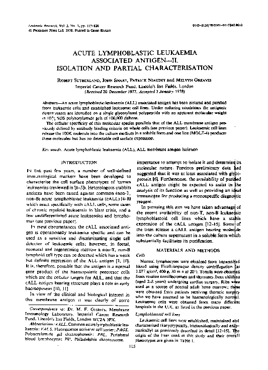 First page of “Acute lymphoblastic leukaemia associated antigen—II. Isolation and partial characterisation”