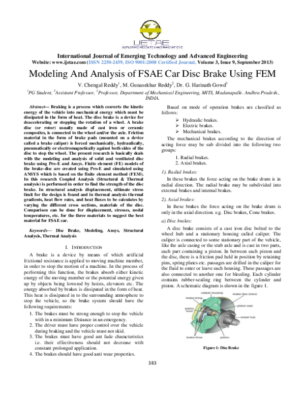 First page of “Modeling And Analysis of FSAE Car Disc Brake Using FEM”