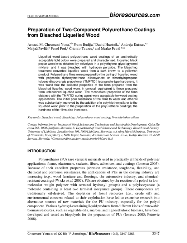 First page of “Preparation of Two-Component Polyurethane Coatings from Bleached Liquefied Wood”