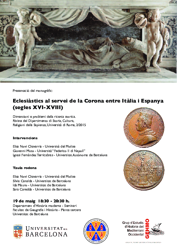 First page of “Eclesiàstics al servei de la Corona entre Itàlia i Espanya (segles XVI-XVIII). Taula rodona - UB, Facultat de Geografia i Història, 19 de maig de 2016, hores 18,30”