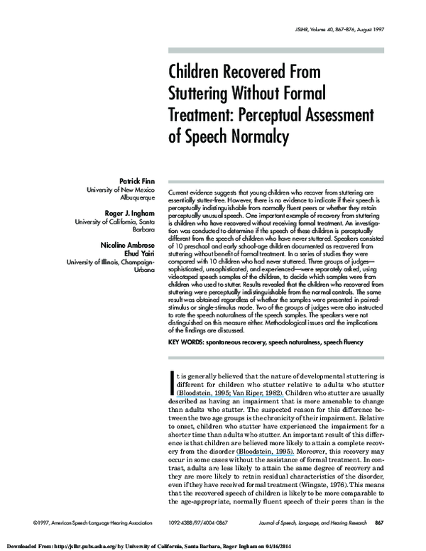 First page of “Children recovered from stuttering without formal treatment: perceptual assessment of speech normalcy”