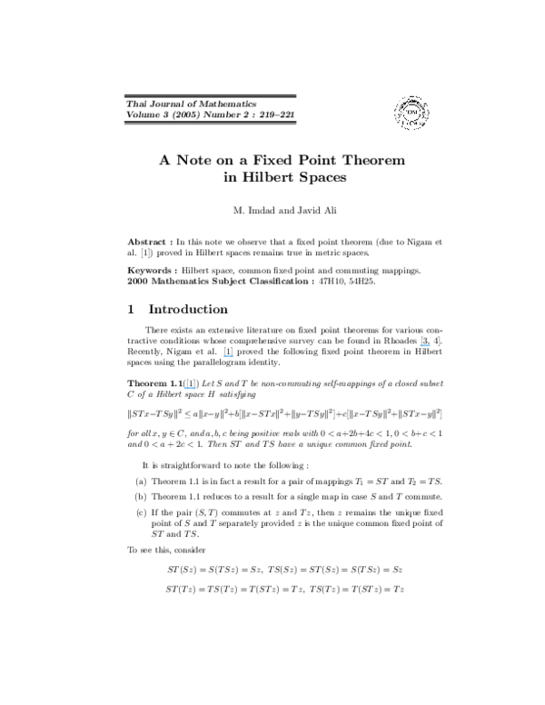 First page of “A Note on a Fixed Point Theorem in Hilbert Spaces”