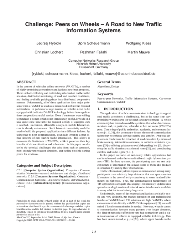 First page of “Challenge: peers on wheels - a road to new traffic information systems”