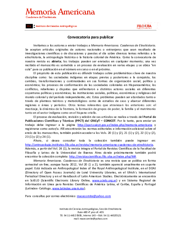 First page of “Revista Memoria Americana - Convocatoria para publicar”