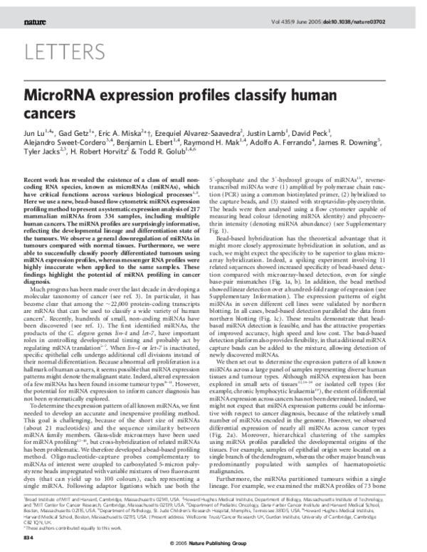 First page of “MicroRNA expression profiles classify human cancers”