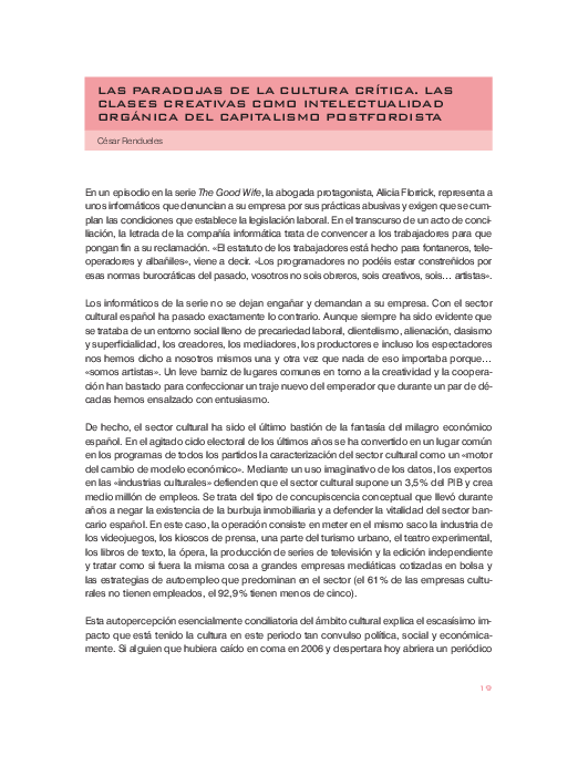 First page of “LAS PARADOJAS DE LA CULTURA CRÍTICA. LAS CLASES CREATIVAS COMO INTELECTUALIDAD ORGÁNICA DEL CAPITALISMO POSTFORDISTA”