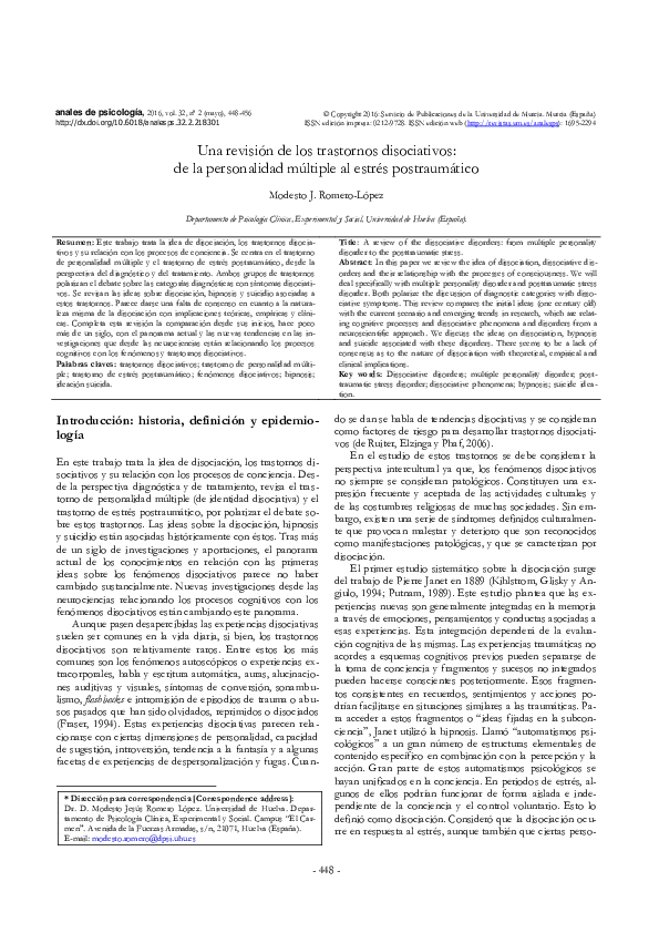 First page of “Una revisión de los trastornos disociativos: de la personalidad múltiple al estrés postraumático”