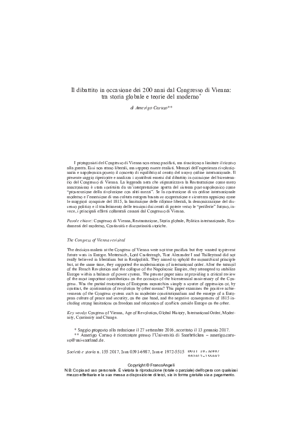 First page of “Il dibattito in occasione dei 200 anni dal Congresso di Vienna: tra storia globale e teorie del moderno”